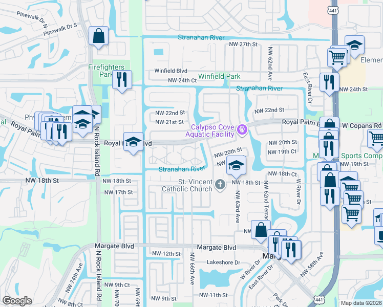 map of restaurants, bars, coffee shops, grocery stores, and more near 6670 Royal Palm Boulevard in Margate