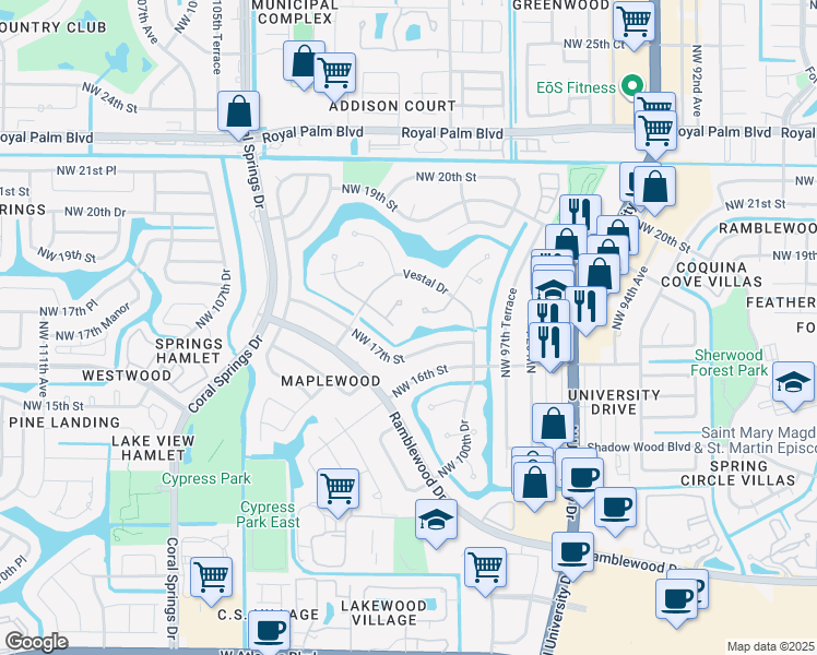 map of restaurants, bars, coffee shops, grocery stores, and more near 10069 Vestal Place in Coral Springs