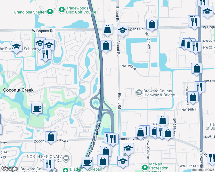 map of restaurants, bars, coffee shops, grocery stores, and more near 1791 Blount Road in Pompano Beach