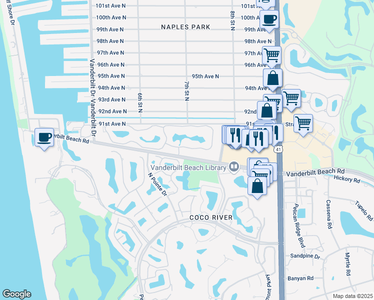 map of restaurants, bars, coffee shops, grocery stores, and more near 727 Reef Point Circle in Naples