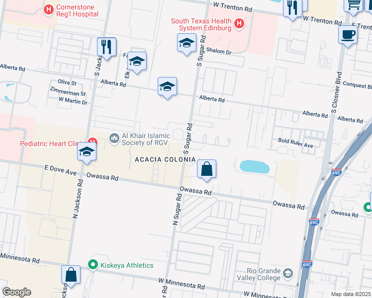 map of restaurants, bars, coffee shops, grocery stores, and more near 5327 Sugar Road in Pharr