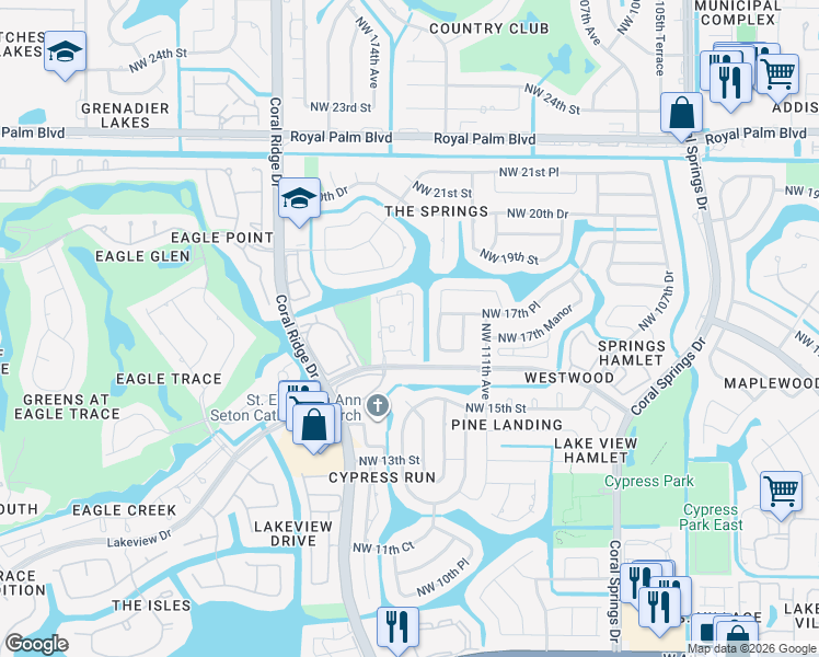 map of restaurants, bars, coffee shops, grocery stores, and more near 11217 Lakeview Drive in Coral Springs