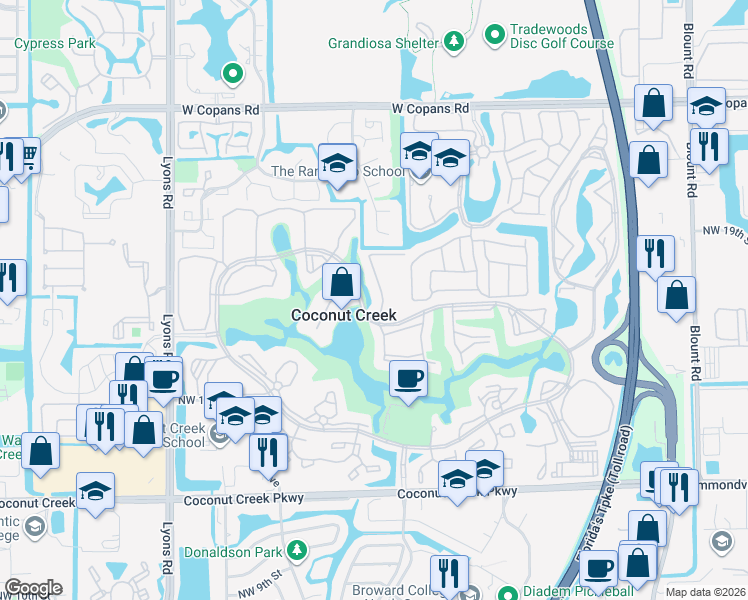 map of restaurants, bars, coffee shops, grocery stores, and more near 2005 Granada Drive in Coconut Creek