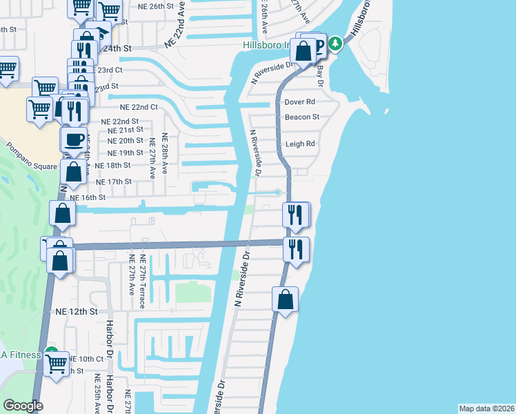 map of restaurants, bars, coffee shops, grocery stores, and more near 3208-3210 Canal Drive in Pompano Beach