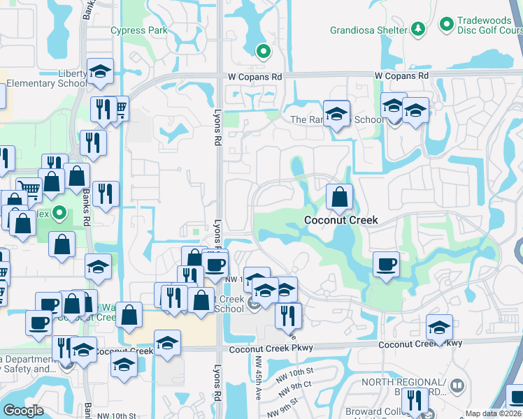map of restaurants, bars, coffee shops, grocery stores, and more near 3002 Portofino Isle in Coconut Creek