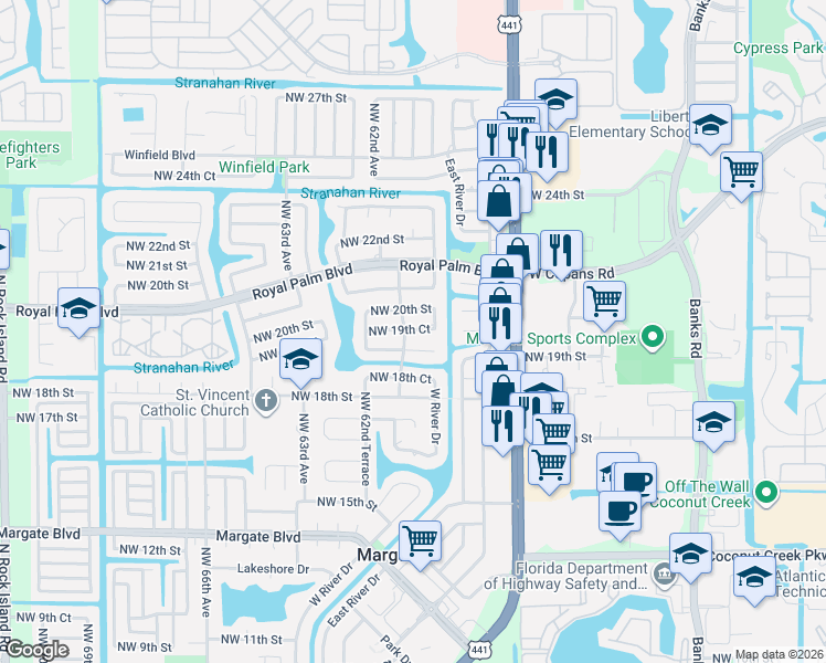 map of restaurants, bars, coffee shops, grocery stores, and more near 6102 Northwest 20th Street in Margate