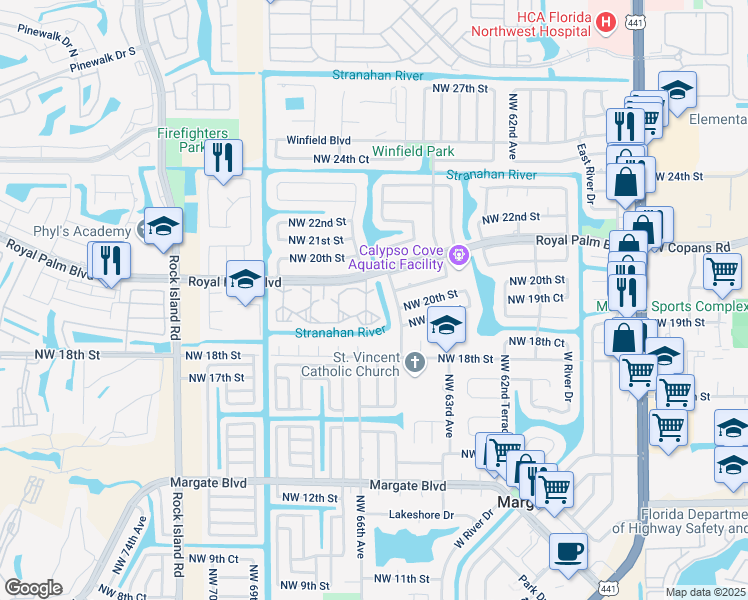map of restaurants, bars, coffee shops, grocery stores, and more near 2095 Northwest 65th Avenue in Margate