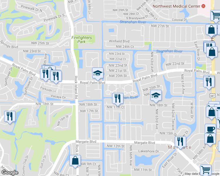 map of restaurants, bars, coffee shops, grocery stores, and more near 6751 Royal Palm Boulevard in Margate