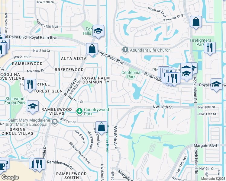 map of restaurants, bars, coffee shops, grocery stores, and more near 1911 Northwest 80th Avenue in Margate