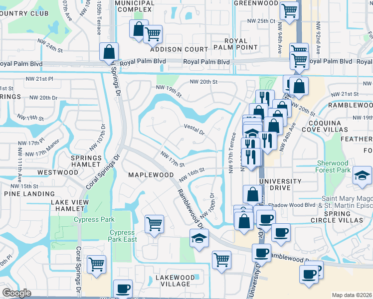 map of restaurants, bars, coffee shops, grocery stores, and more near 10069 Vestal Place in Coral Springs