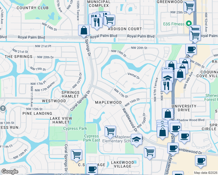 map of restaurants, bars, coffee shops, grocery stores, and more near 10208 Vestal Court in Coral Springs