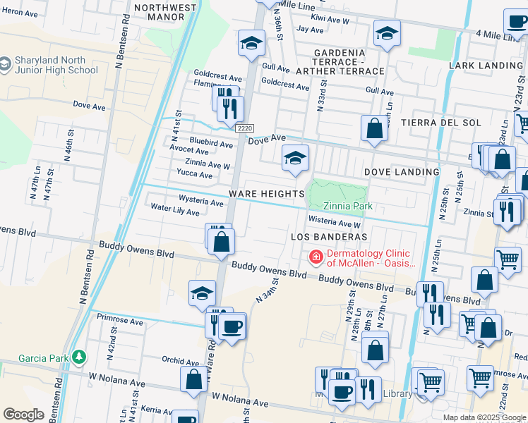 map of restaurants, bars, coffee shops, grocery stores, and more near 3505 Xanthisma Avenue in McAllen