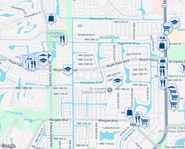 map of restaurants, bars, coffee shops, grocery stores, and more near 6650 Royal Palm Boulevard in Margate
