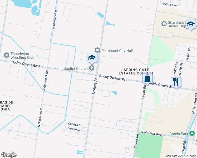 map of restaurants, bars, coffee shops, grocery stores, and more near 2401 Sendero Street in Palmhurst