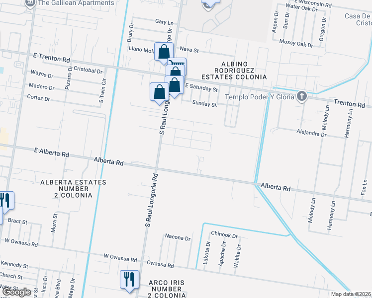 map of restaurants, bars, coffee shops, grocery stores, and more near 2721 East Alberta Road in Edinburg