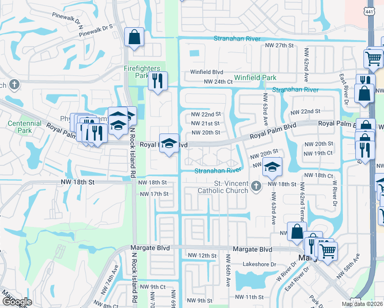 map of restaurants, bars, coffee shops, grocery stores, and more near 6850 Royal Palm Boulevard in Margate