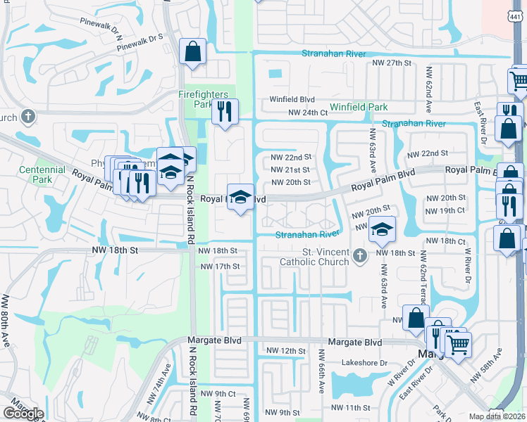 map of restaurants, bars, coffee shops, grocery stores, and more near 6890 Royal Palm Boulevard in Margate