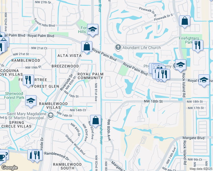 map of restaurants, bars, coffee shops, grocery stores, and more near 1911 Northwest 80th Avenue in Margate