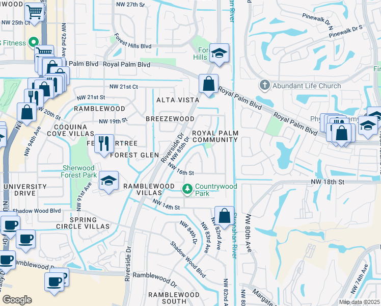 map of restaurants, bars, coffee shops, grocery stores, and more near 1726 Northwest 84th Drive in Coral Springs