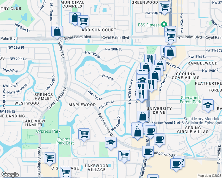 map of restaurants, bars, coffee shops, grocery stores, and more near 10069 Vestal Place in Coral Springs