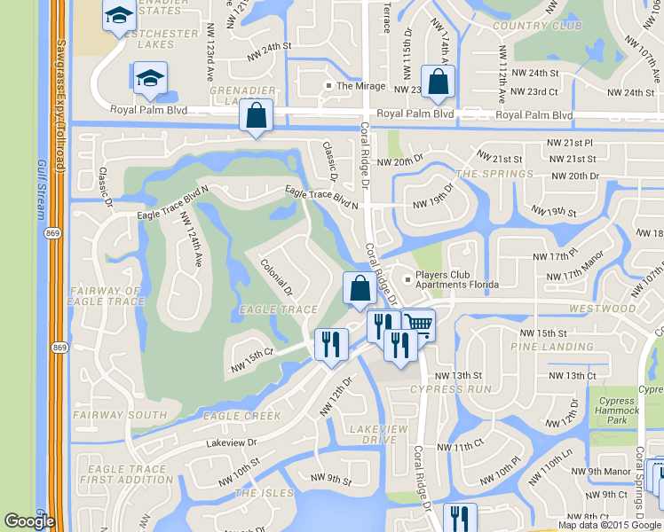 map of restaurants, bars, coffee shops, grocery stores, and more near 1835 Eagle Trace Boulevard West in Coral Springs