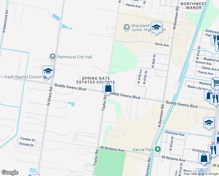 map of restaurants, bars, coffee shops, grocery stores, and more near 5112 Buddy Owens Boulevard in McAllen