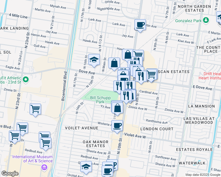 map of restaurants, bars, coffee shops, grocery stores, and more near 1200 Bluebird Avenue in McAllen