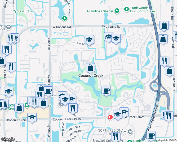 map of restaurants, bars, coffee shops, grocery stores, and more near 3201 Portofino Point in Coconut Creek