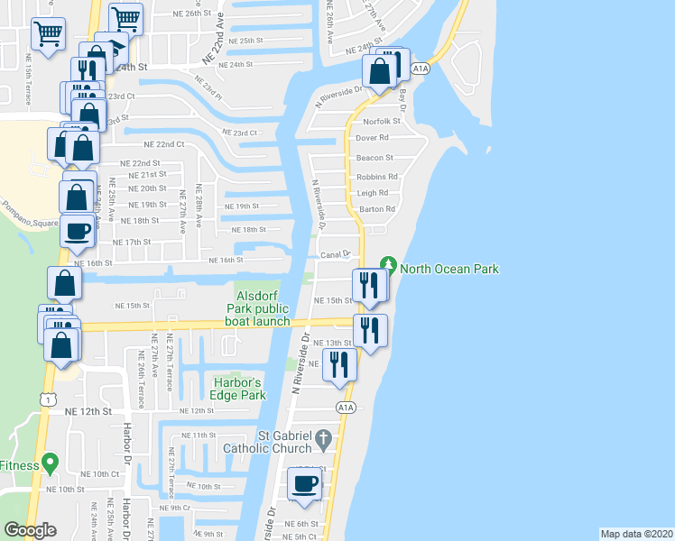 map of restaurants, bars, coffee shops, grocery stores, and more near 3210 Canal Drive in Pompano Beach