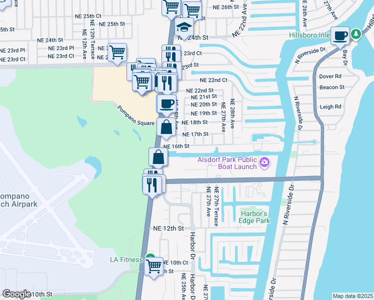 map of restaurants, bars, coffee shops, grocery stores, and more near 2451 Northeast 16th Street in Pompano Beach