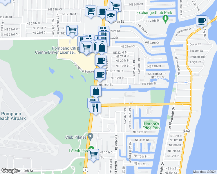 map of restaurants, bars, coffee shops, grocery stores, and more near 2451 Northeast 16th Street in Pompano Beach