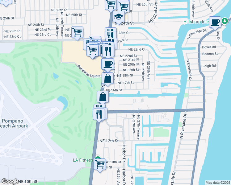 map of restaurants, bars, coffee shops, grocery stores, and more near 2451 Northeast 16th Street in Pompano Beach