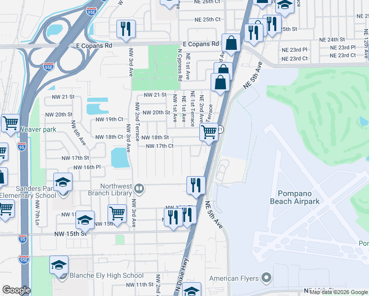 map of restaurants, bars, coffee shops, grocery stores, and more near 121 Northeast 17th Court in Pompano Beach