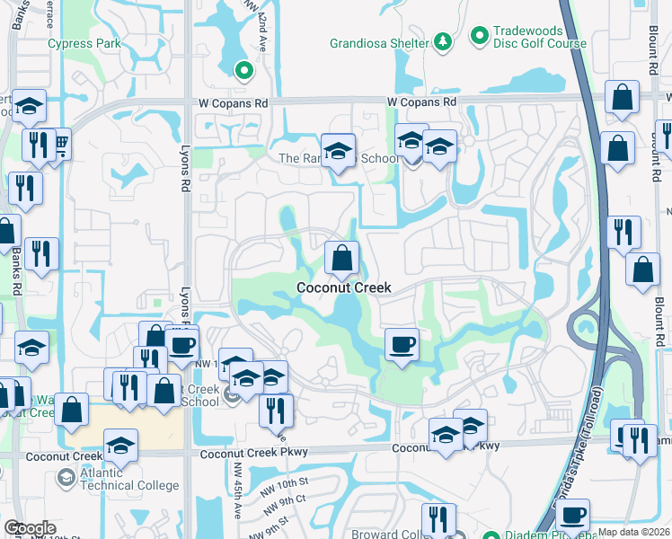 map of restaurants, bars, coffee shops, grocery stores, and more near 3201 Portofino Point in Coconut Creek