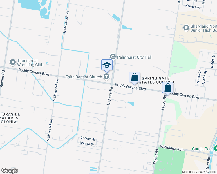 map of restaurants, bars, coffee shops, grocery stores, and more near 2401 Sendero Street in Palmhurst