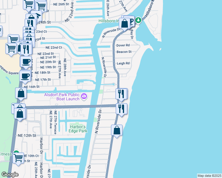 map of restaurants, bars, coffee shops, grocery stores, and more near 3210 Canal Drive in Pompano Beach