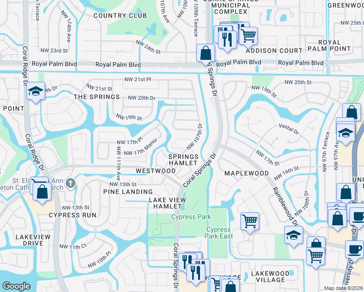 map of restaurants, bars, coffee shops, grocery stores, and more near 10731 Northwest 17th Street in Coral Springs