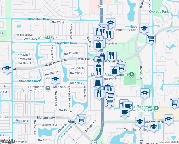 map of restaurants, bars, coffee shops, grocery stores, and more near 5817 Northwest 19th Court in Margate