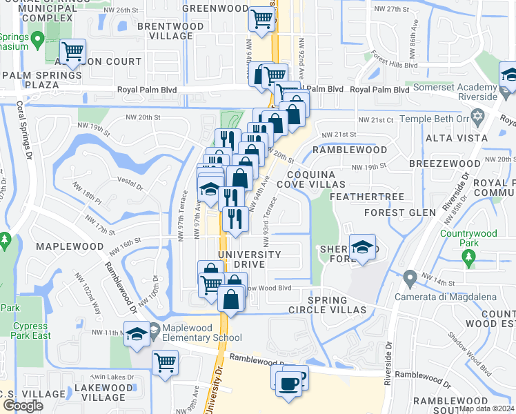 map of restaurants, bars, coffee shops, grocery stores, and more near 1753 Northwest 94th Avenue in Coral Springs