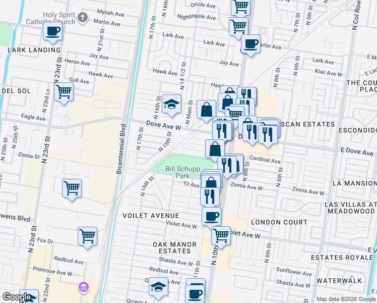 map of restaurants, bars, coffee shops, grocery stores, and more near 1207 East Cardinal Avenue in McAllen
