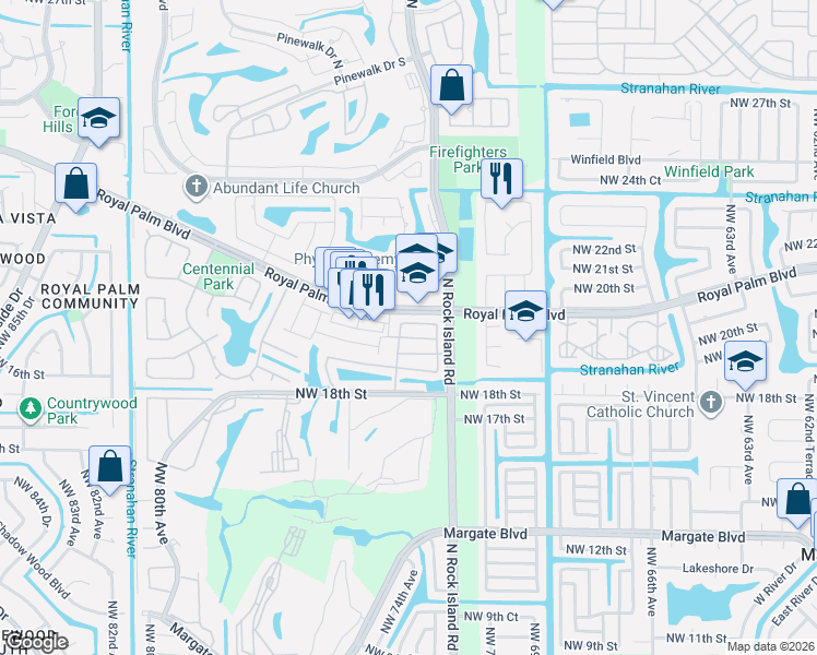 map of restaurants, bars, coffee shops, grocery stores, and more near 7365 Flores Way in Margate