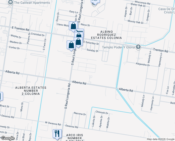 map of restaurants, bars, coffee shops, grocery stores, and more near 2721 East Alberta Road in Edinburg