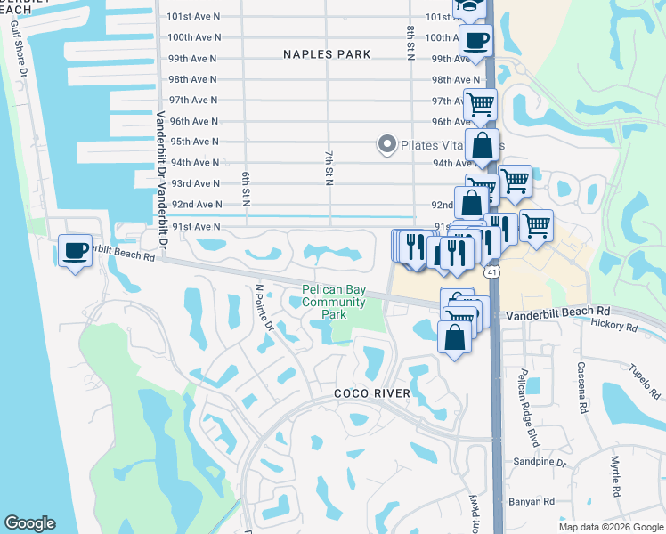 map of restaurants, bars, coffee shops, grocery stores, and more near 727 Reef Point Circle in Naples