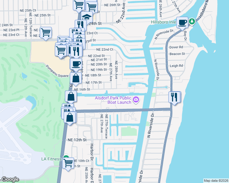 map of restaurants, bars, coffee shops, grocery stores, and more near 1600 Northeast 28th Avenue in Pompano Beach