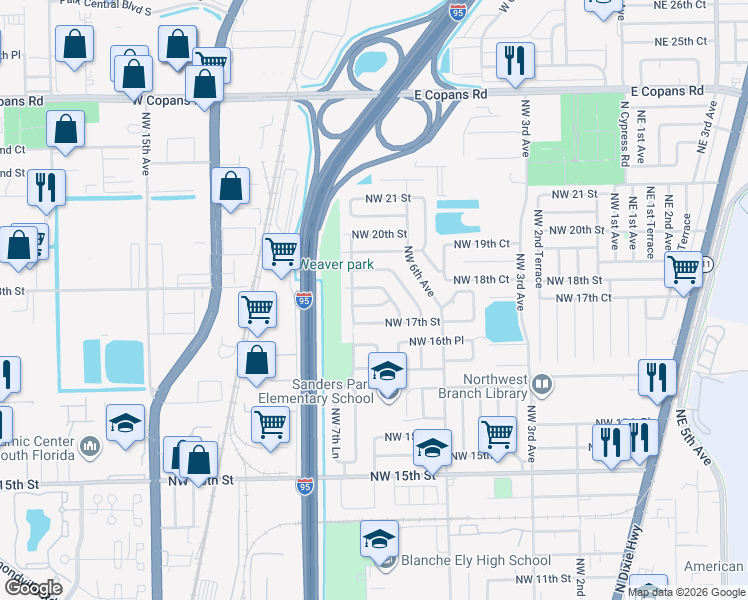map of restaurants, bars, coffee shops, grocery stores, and more near 750 Northwest 18th Street in Pompano Beach
