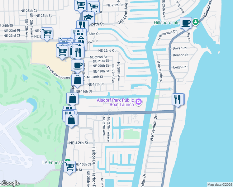 map of restaurants, bars, coffee shops, grocery stores, and more near 1600 Northeast 28th Avenue in Pompano Beach