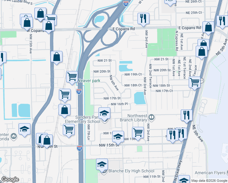map of restaurants, bars, coffee shops, grocery stores, and more near 1833 Northwest 6th Avenue in Pompano Beach