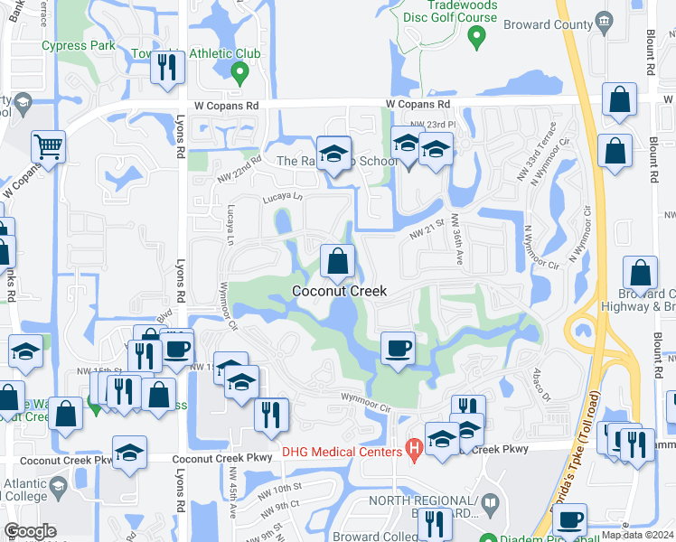 map of restaurants, bars, coffee shops, grocery stores, and more near 3201 Portofino Point in Coconut Creek