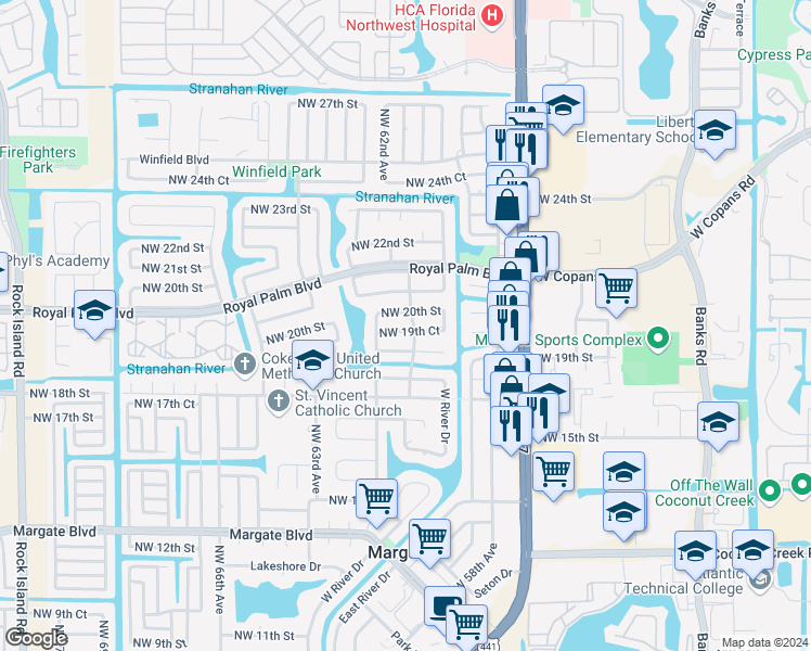 map of restaurants, bars, coffee shops, grocery stores, and more near 6119 Northwest 19th Court in Margate
