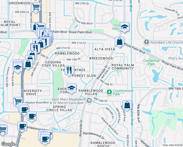 map of restaurants, bars, coffee shops, grocery stores, and more near 1795 Northwest 88th Way in Coral Springs